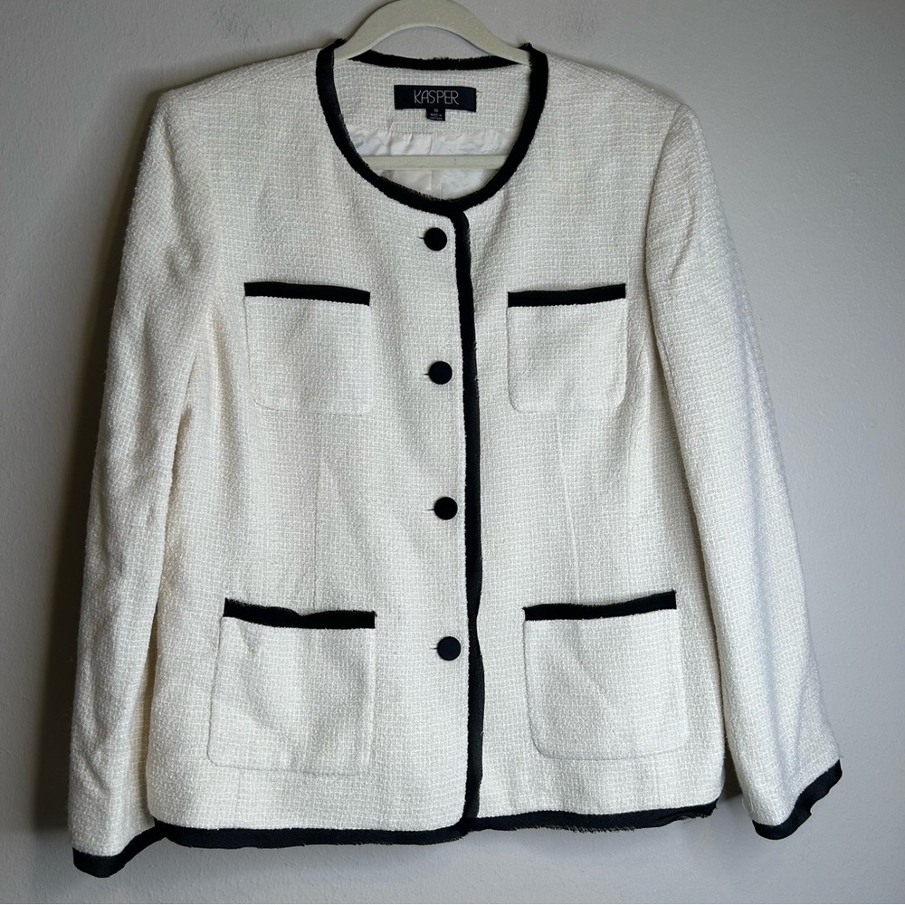 Kasper‎ Cream White with Black Trim Tweed Jacket Blazer Women Old Money Size 16